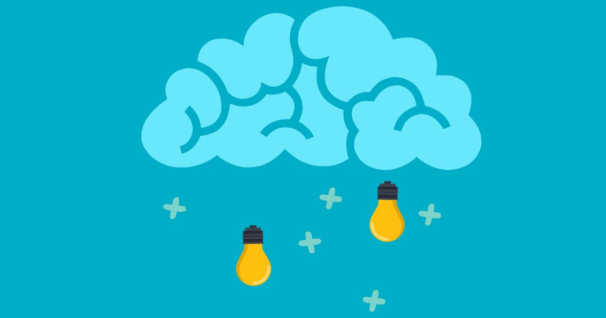青緑色の脳のイラストに2つの電球が描かれ、ひらめきをあらわした画像。
