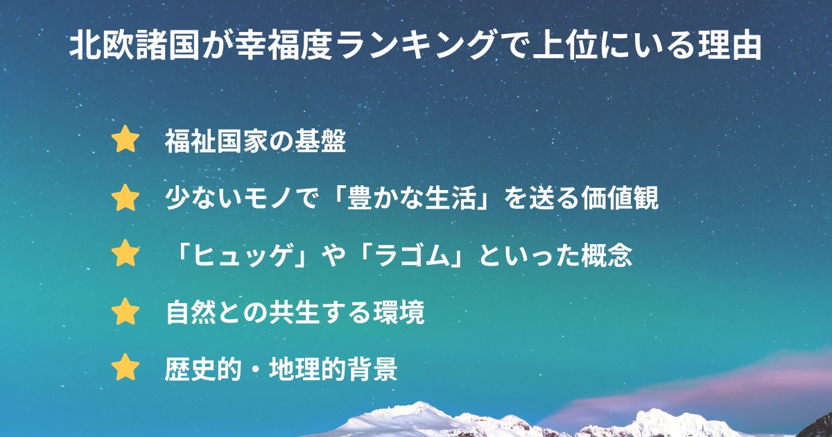 北欧諸国が幸福度ランキングで上位にいる理由が書かれた画像。